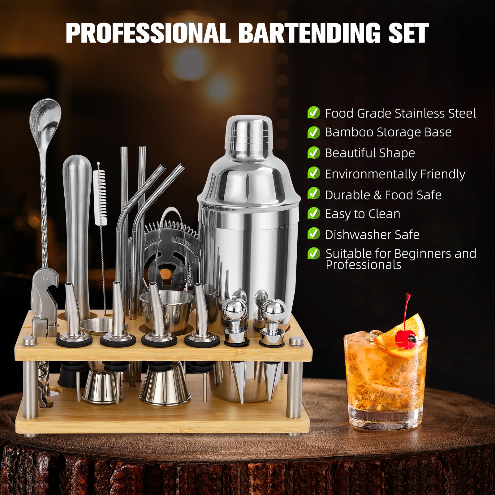 Juego de Coctelera, 750ML 20 Piezas de Acero Inoxidable Cocktail Kit, Coctelera Profesional con 4 Platos de Silicona Antideslizantes Regalo para Hombres Mujeres Amigos