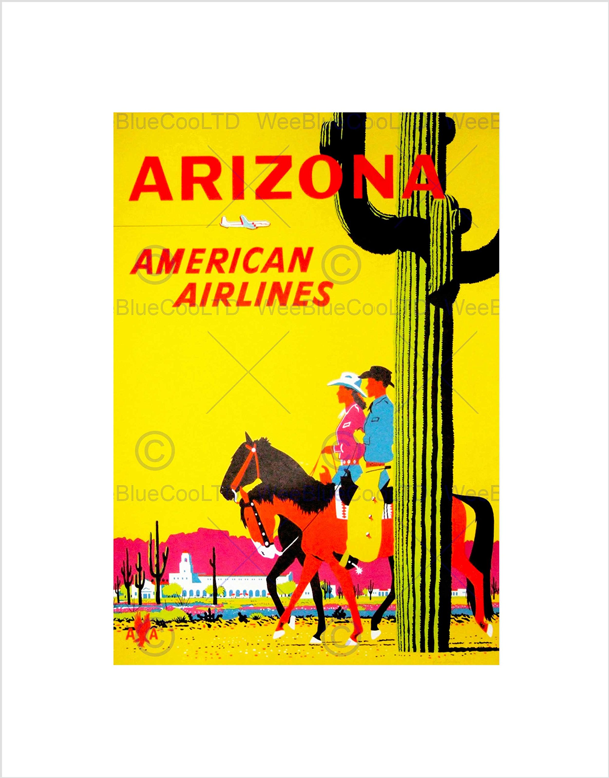 Wee Blue Coo Travel Arizona Air Fly Desert Cactus Cowboy Horse Cowgirl Wall Art Print