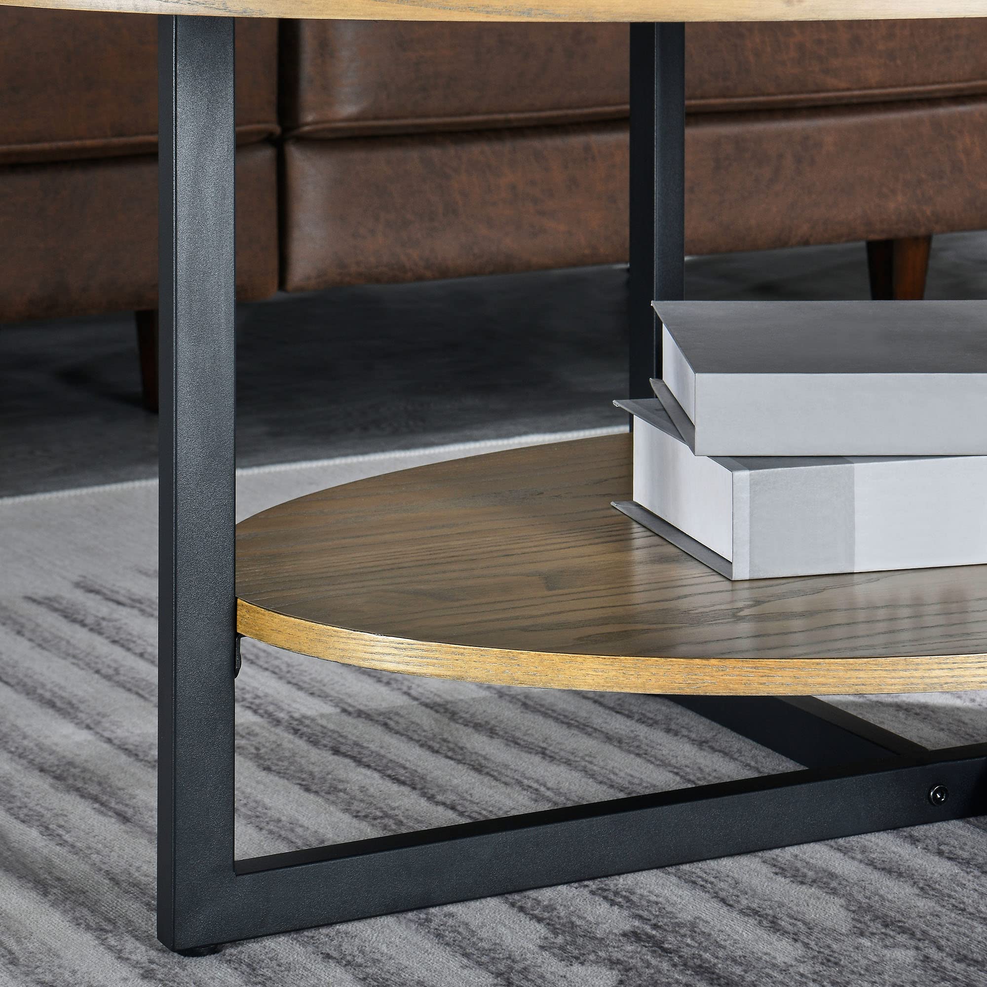 Massivholz Couchtisch rund für 2 Etagen, Ovaler Couchtisch im Modern-vintage Stil, Massivholzplatte & Kreuzförmige Eisenbeine, Kaffeetisch, Wohnzimmertisch, 110 x 66 x 45.5 cm, einfache Montage