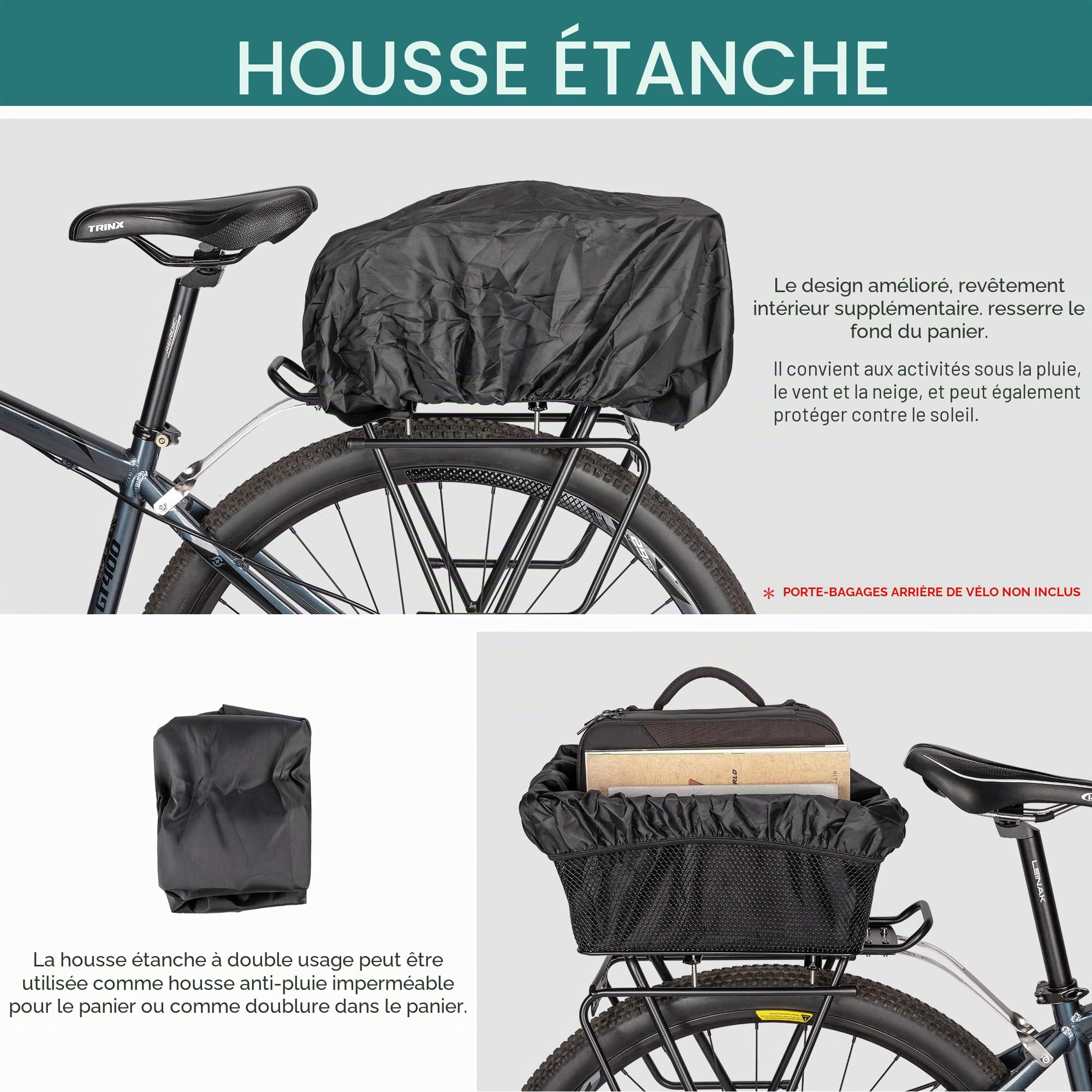 Panier vélo arrière – Panier Robuste en Acier pour Porte-Bagages avec Housse de Pluie, pour vélo et VAE, idéal pour Les Courses, Les trajets et Le Quotidien
