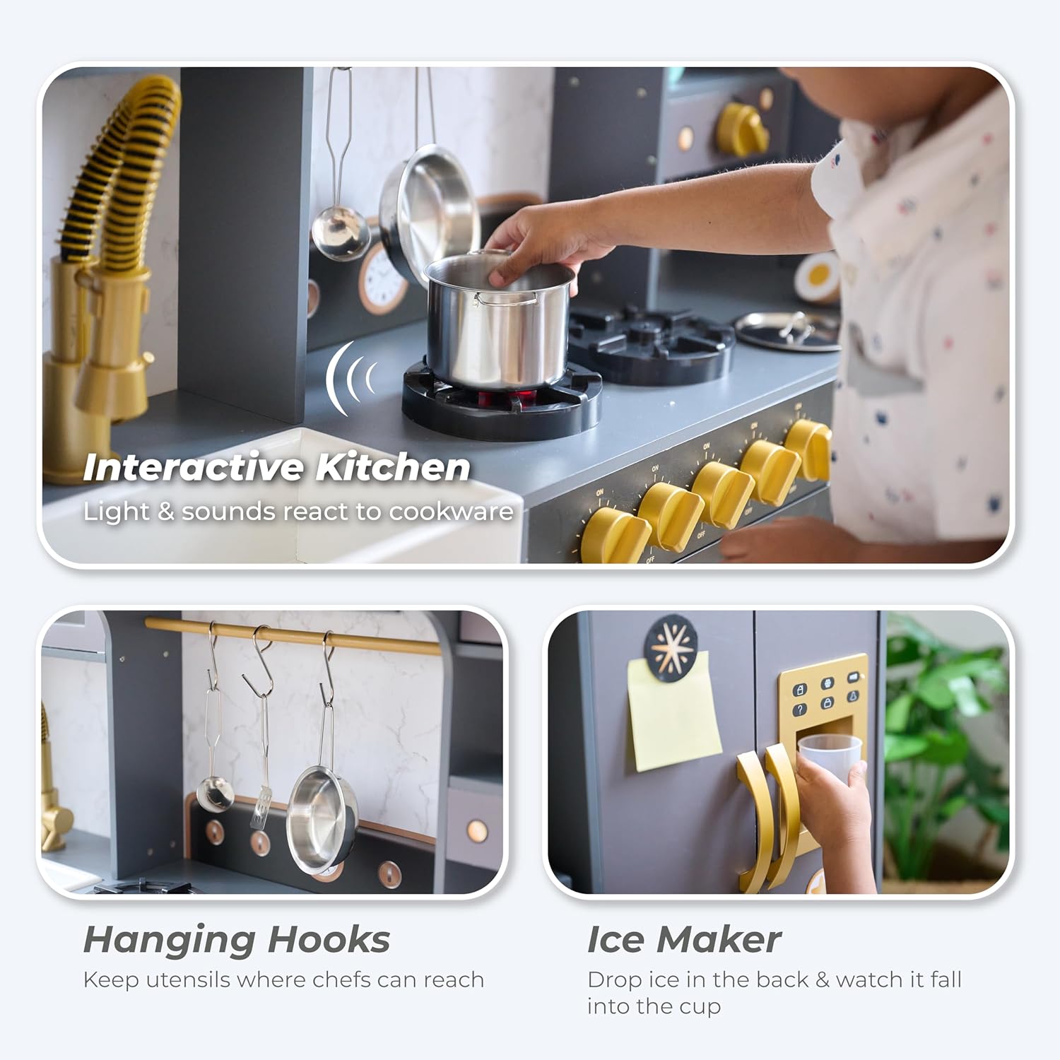 Teamson Kids Little Chef Colonie Play Kitchen for Kids, Gray – 2-Piece Pretend Kitchen Set with Ice Dispenser, Coffee Maker, Farmhouse Sink & Storage, Modern Wooden Toy for Toddlers & Girls Boys