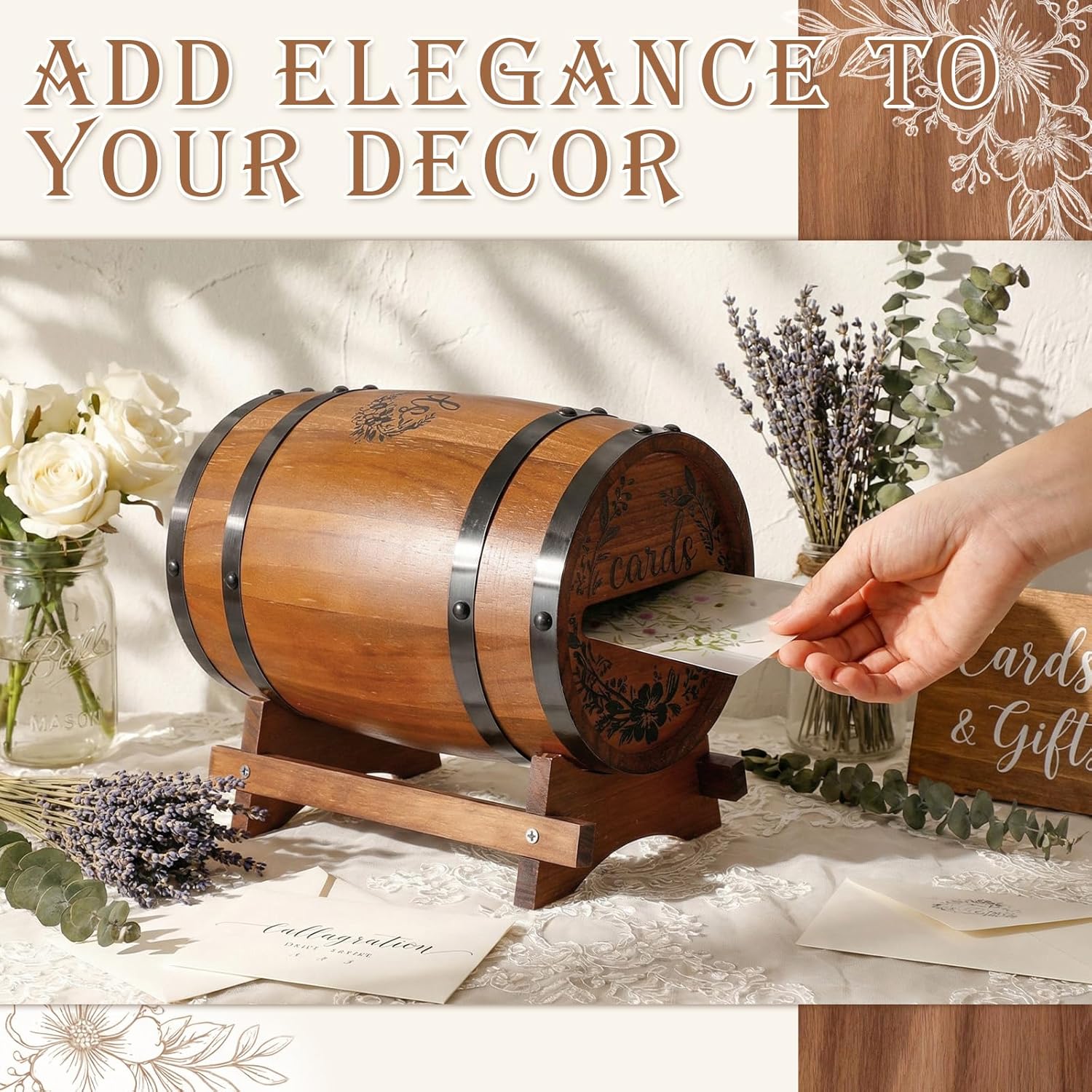 Wooden Wedding Card Box with Slot for Reception 10.5inch Wedding Whiskey Barrel with Base Rustic Money Envelope Gift Card Boxes Holder for Bridal Shower Birthday Graduation Decor