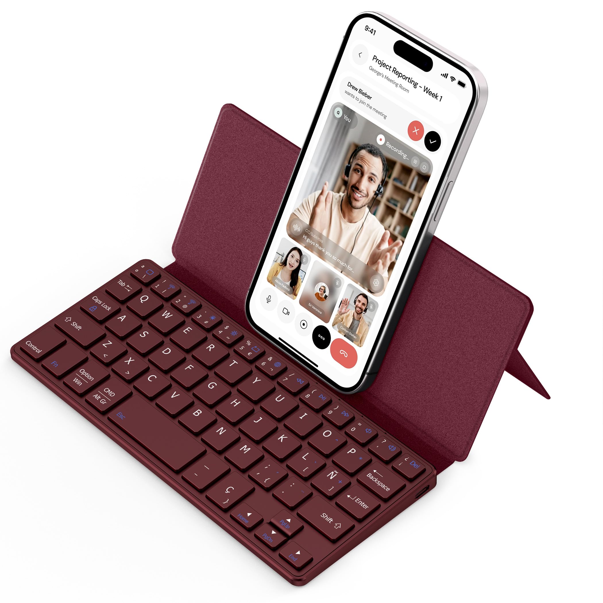 CACOE Mini Teclado Bluetooth con Soporte para iPad, [Español] Portátil, Plegable, Teclado de Doble Canal para Tablet/iPhone/iOS/Android Tablet/Windows, Burdeos Global Recycled Standard Global Recycled Standard Global Recycled Standard