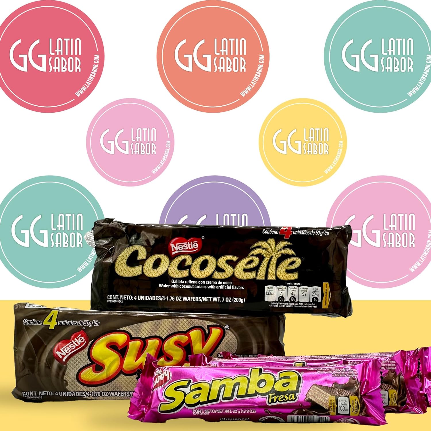 SAMBA CHOCOLATE - COCOSETTE - SUSY Venezuelan Food Cookies Wafers Rollers Chocolate Covered Hazelnut, Cookies Wafers Coconut Cream, Assorted Cookie Individually Wrapped Candies Mix Variety Pack International Venezuelan Food Sweet Snacks Gift Latin Sabor