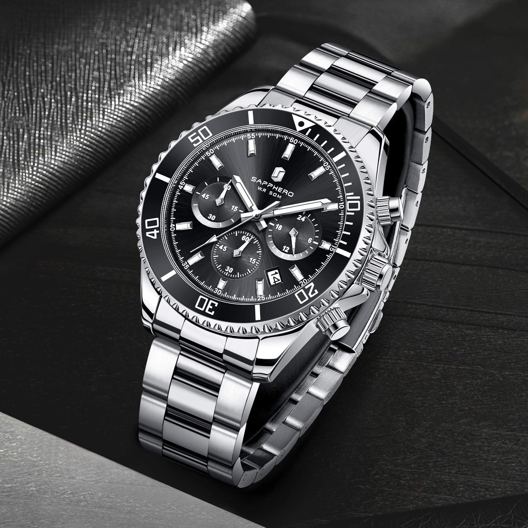 SAPPHERO Montre Homme en Acier Inoxydable Chronographe 50M Etanche Montres Analogique Quartz Date Classique Luxe Mode Montres Cadeau Élégant pour Hommes
