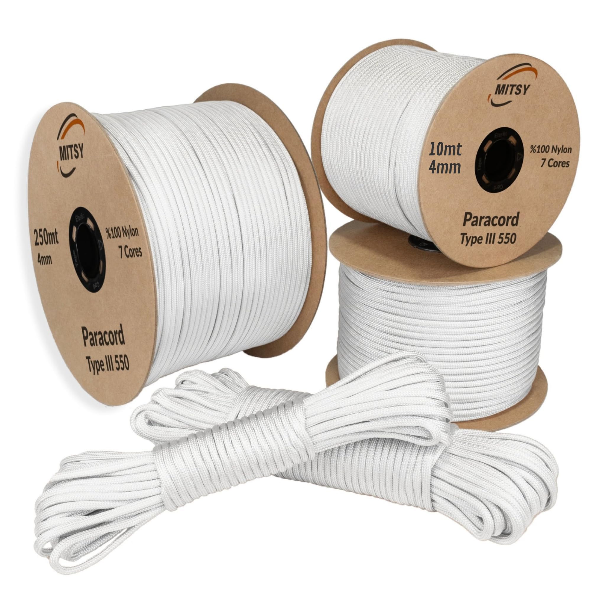 MITSY Paracord 4 mm 10 metros color blanco 100% nailon cuerda para correa de perro, camping, exterior y equipo de supervivencia con núcleo de 10 m, 25 m, 50 m, 100 m, 250 m, Paracord 550 tipo III 7
