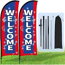 Buryeah 2 Sets Welcome Feather Flag Sign Kit 8 ft Welcome Banners Swooper Flag with Fiberglass Poles and Point Stake for Outdoor Business and Events PromotionAmerican Style,Red, Blue