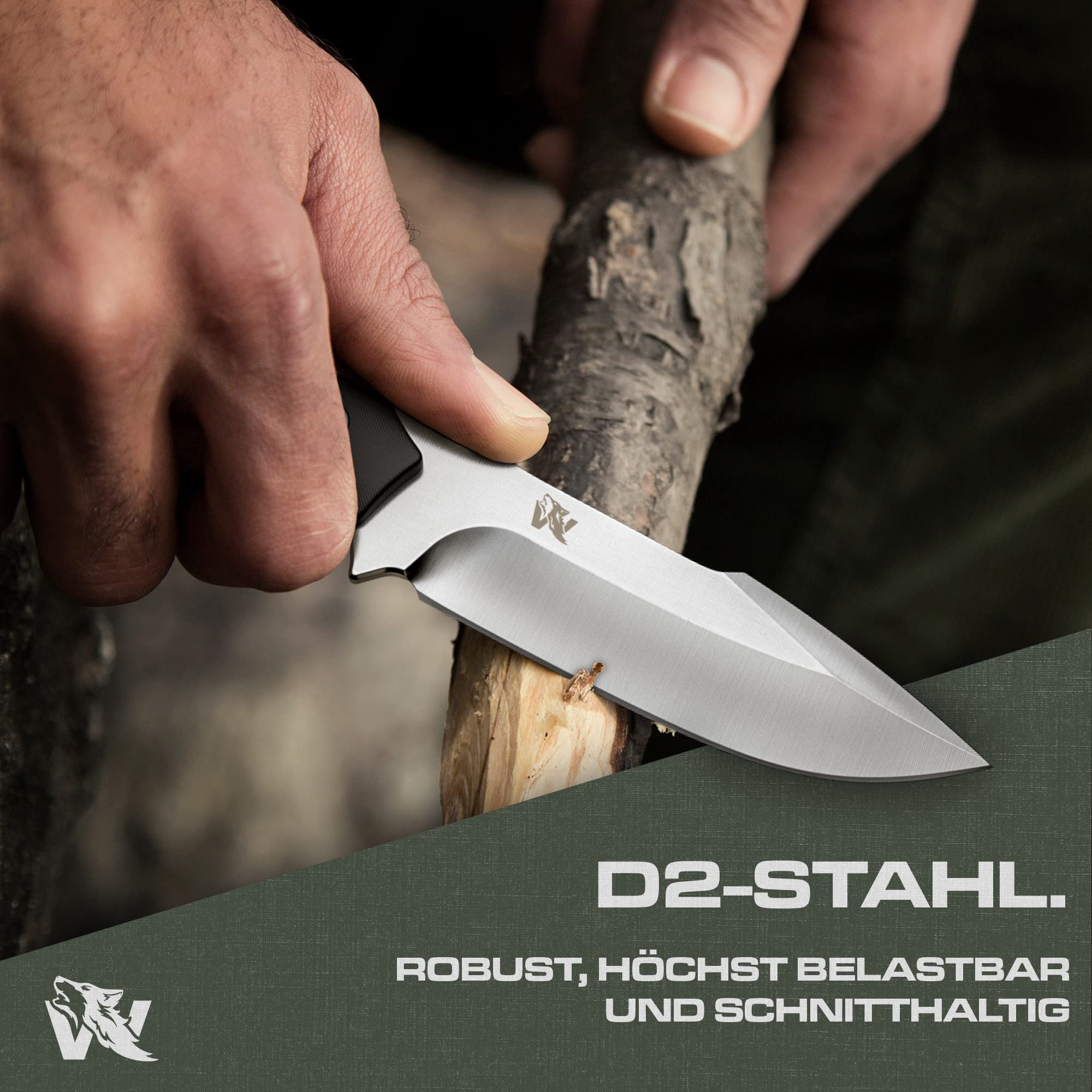 Wolfgangs Outdoor, coltello con fondina Kydex, realizzato in un unico pezzo in acciaio D2, con allarme antincendio e fischietto di emergenza incluso