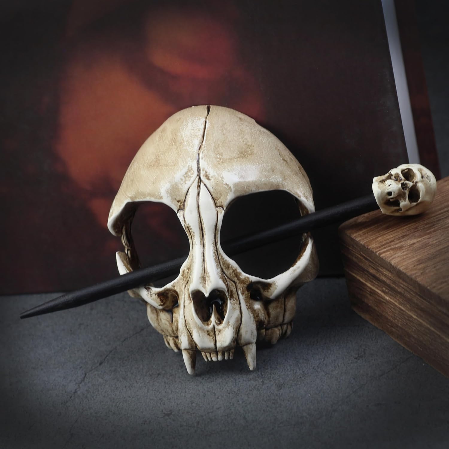 Cat Skull Hair Clip with Wooden Stick – Durable Gothic Bone Hair Accessory for Women, Handmade Skull Hair Pin, Spooky Dark Aesthetic Hair Ornament image 5