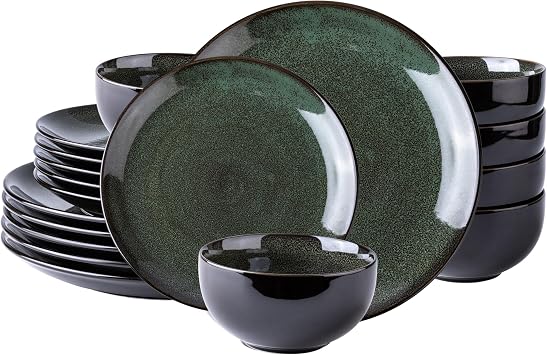 LERATIO Ceramic Dinnerware Sets for 6,18Pcs Stoneware Plates and Bowls Set | Handmade Reactive Glaze Ceramic Dishes Set,Oven & Microwave,Dishwasher Safe,Scratch Resistant-Green