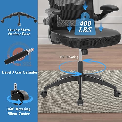 Miniatura 9 de Ergonomic Office Chair 400lbs PU Leather Mesh Desk Chair with Lumbar Support, Flip-Up Arms, Swivel Wheels, Adjustable Height, Rolling Executive