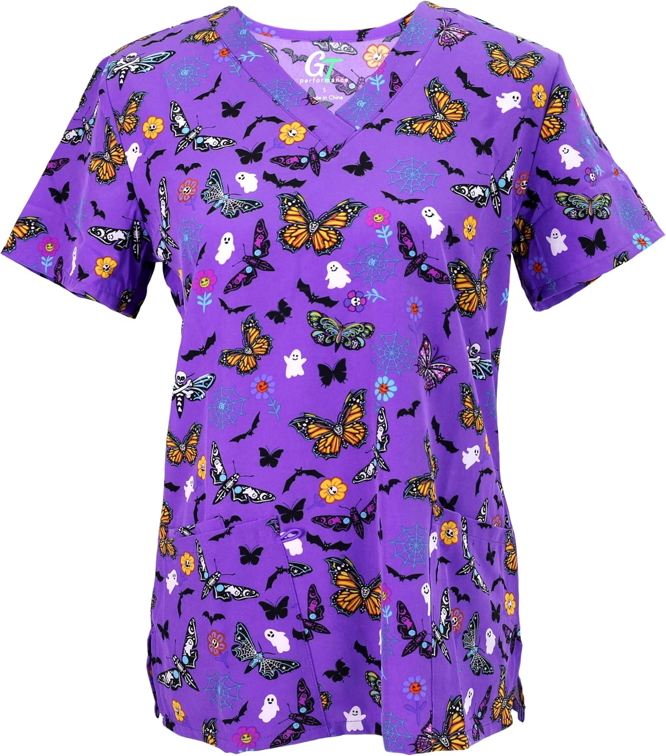Green Town Spooky Halloween Workwear Printed V-Neck Scrub Tops for Women - Small to 3X