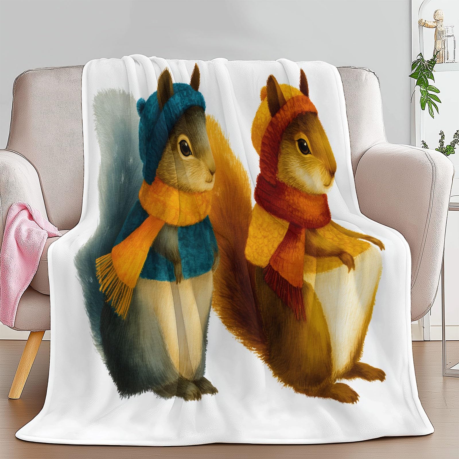 Zwierzęta z kreskówki, nadruk wiewiórki, koc dla dzieci, biały, miękki, przytulny, puszysty, flanelowy koc dla dziewcząt, 220 x 240 cm, ciepła pościel polarowa na sofę, kanapę, prezent urodzinowy, 220