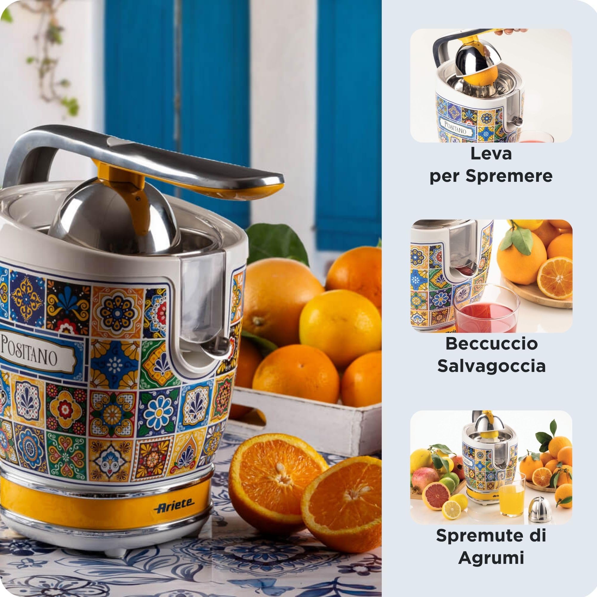 Ariete 413, Spremiagrumi Positano, Spremiagrumi Elettrico con Leva Professionale, 2 Coni per Frutti Grandi e Piccoli, Beccuccio Salvagoccia, Motore Silenzioso, Spremitura Professionale, Corpo in Metal