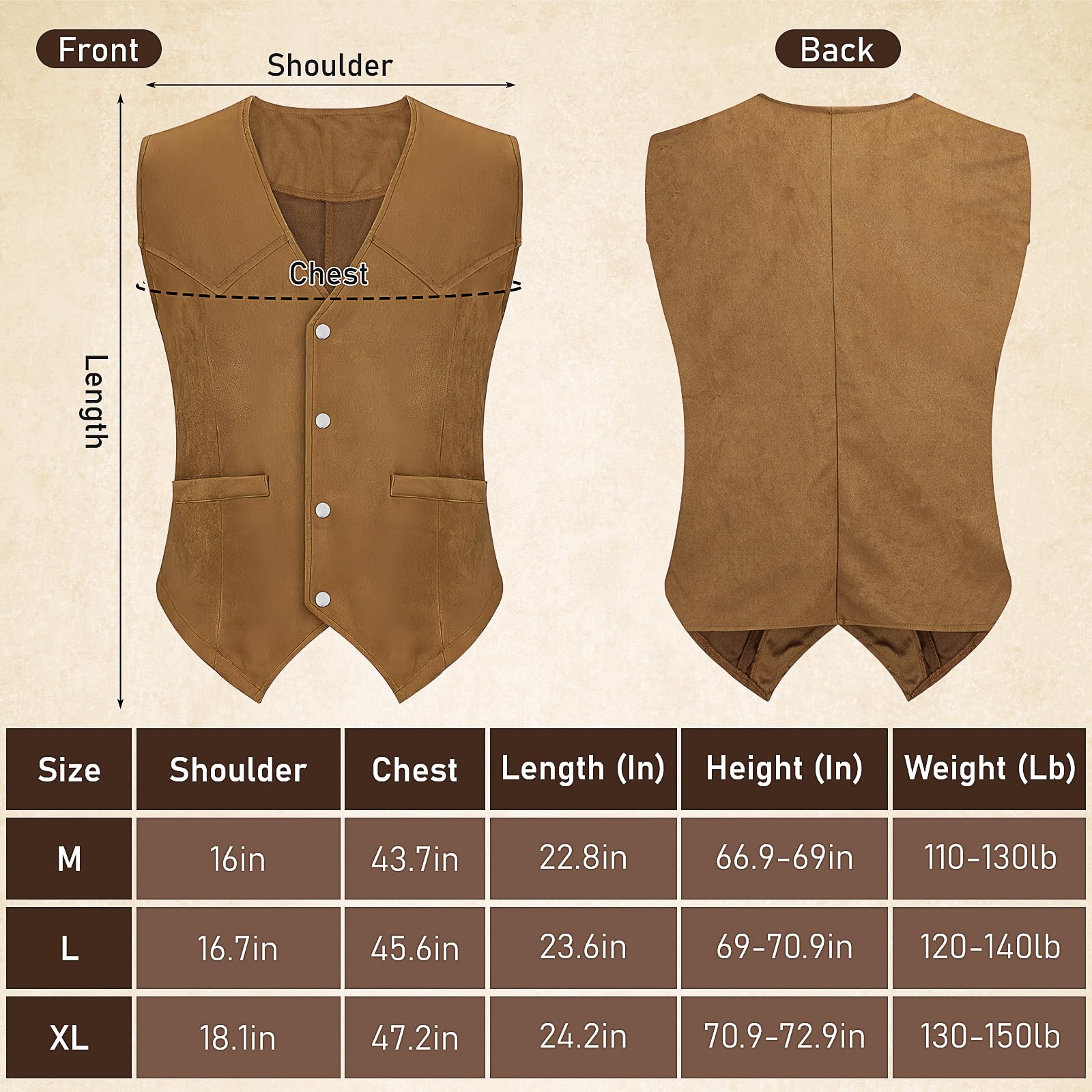 JTKDG 4 Pcs Western Cowboy Fancy Dress Accessories Set Wild West Cowboy Outfit Kit for Men Suede Leather Vest Hat Necktie Buckle Belt for Halloween Costume Party (Brown - Image 3