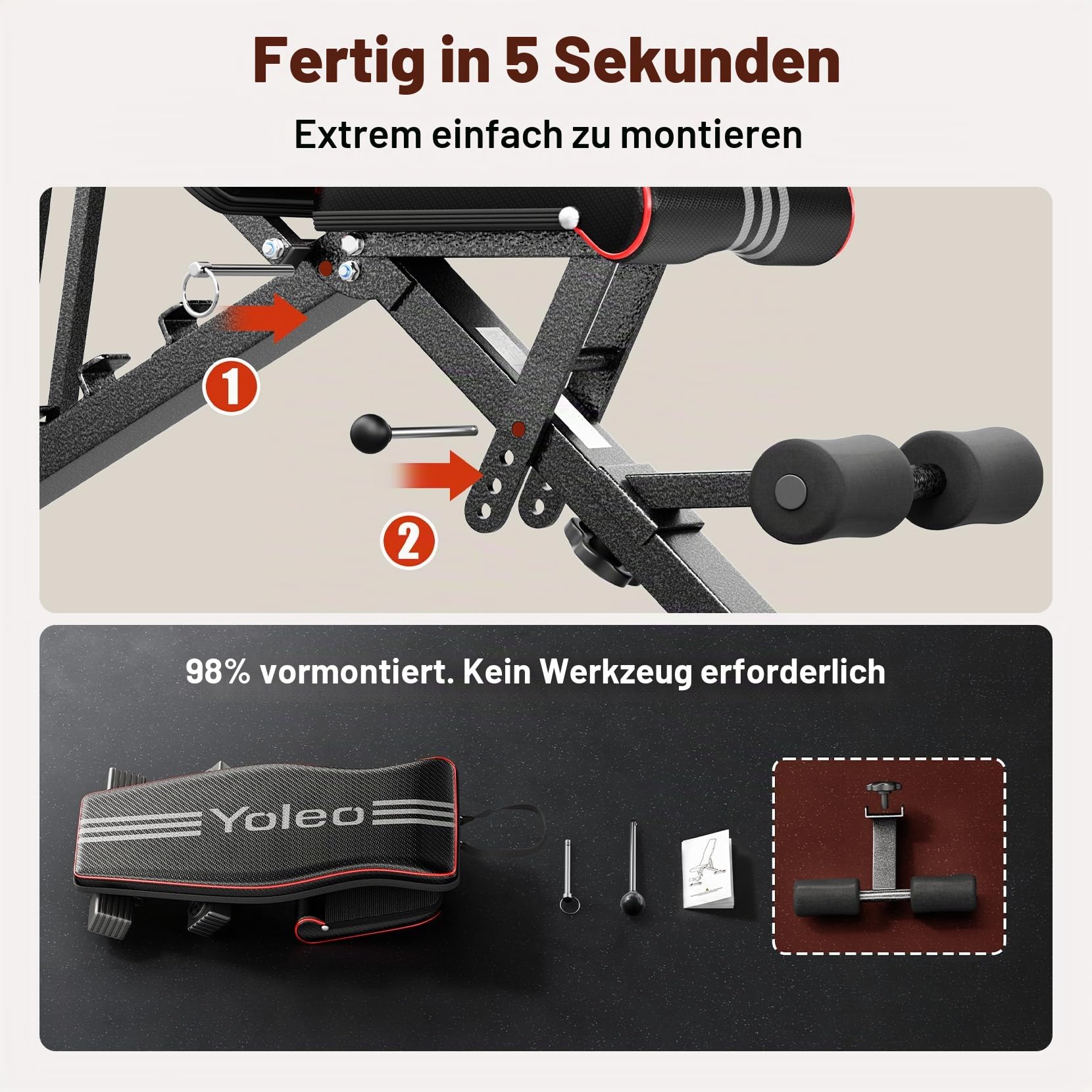 YOLEO Klappbare Hantelbank, ENISO-zertifiziert mit 375KG/400KG Tragfähigkeit, 98% Vormontiert, klappbare Fitnessbank mit 99 Positionen Steigung/Gefälle/Flach, Breiterer Sitz