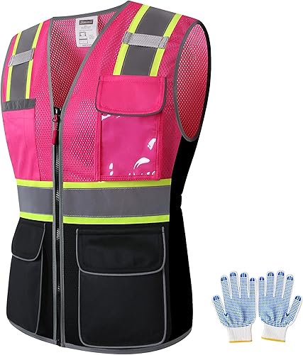 Miniatura 21 de Chaleco de seguridad para mujer, múltiples bolsillos, de alta visibilidad, reflectante, malla transpirable, chaleco de trabajo para dama, cremallera