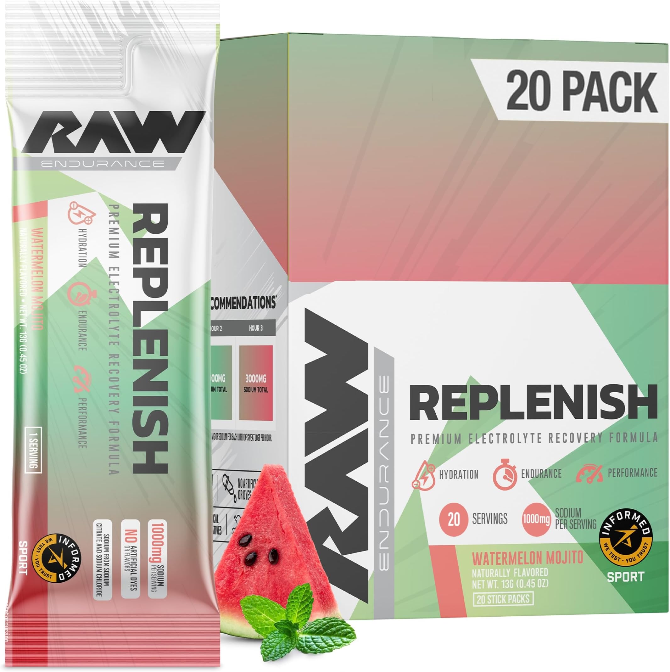RAW Replenish Packets, Premium Electrolytes Powder Recovery Formula, Watermelon Mojito (20 Stick Packs) - Flavored Electrolyte Drink Mix for Hydration, Replenishment, Endurance & Performance Workouts