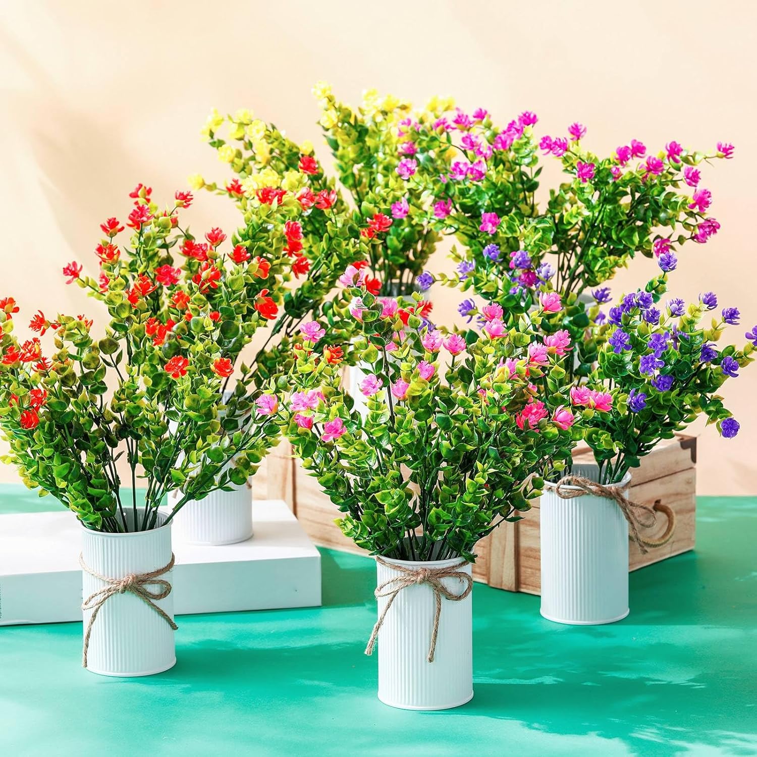 Riceshoot 7 Sets Spring Artificial Flower Tables Centerpieces Decoration Colorful Summer Plastic Faux Flowers Eucalyptus in Metal Pots Vintage Plants Fake Small Flower in Vase Decor for Home Outdoor