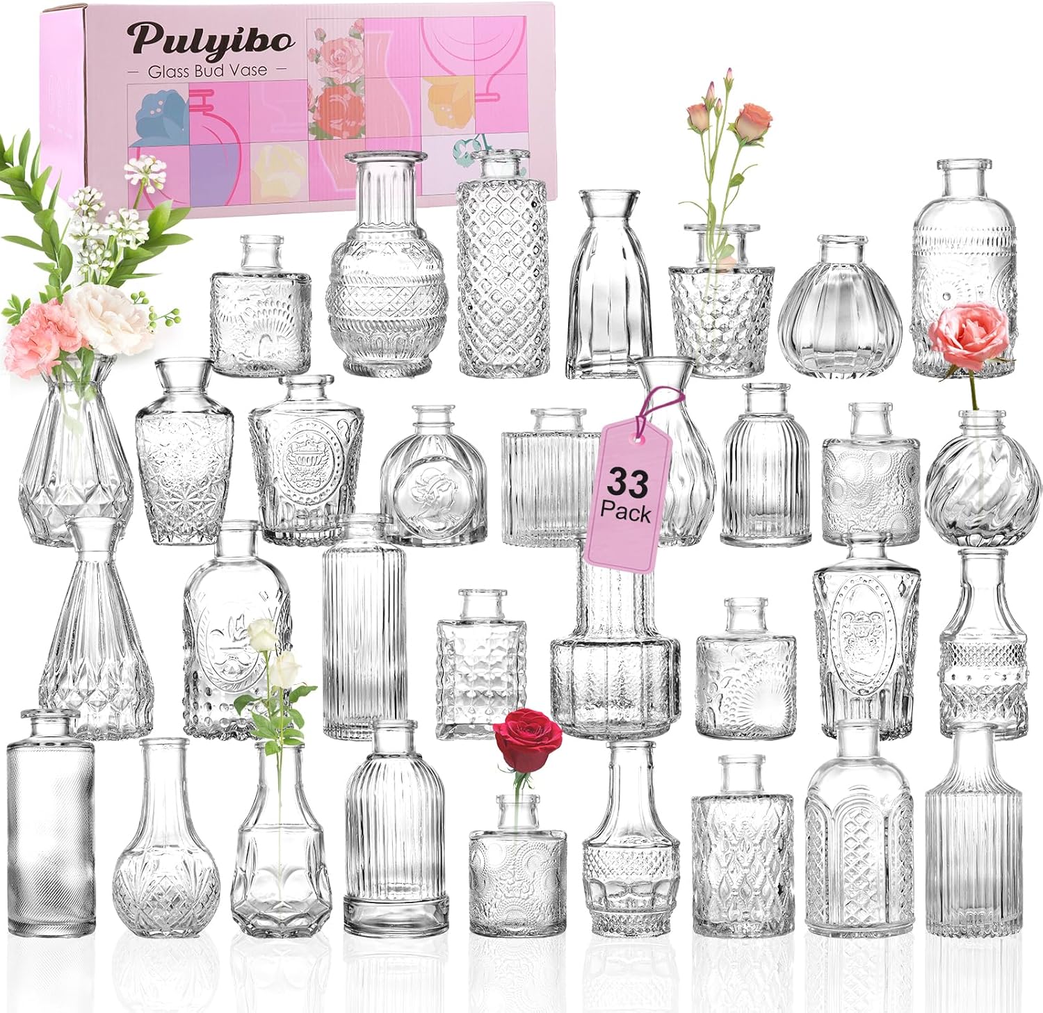 Pulyibo Glass Bud Vase Set of 33 Pcs, Small Vases for Rustic Wedding