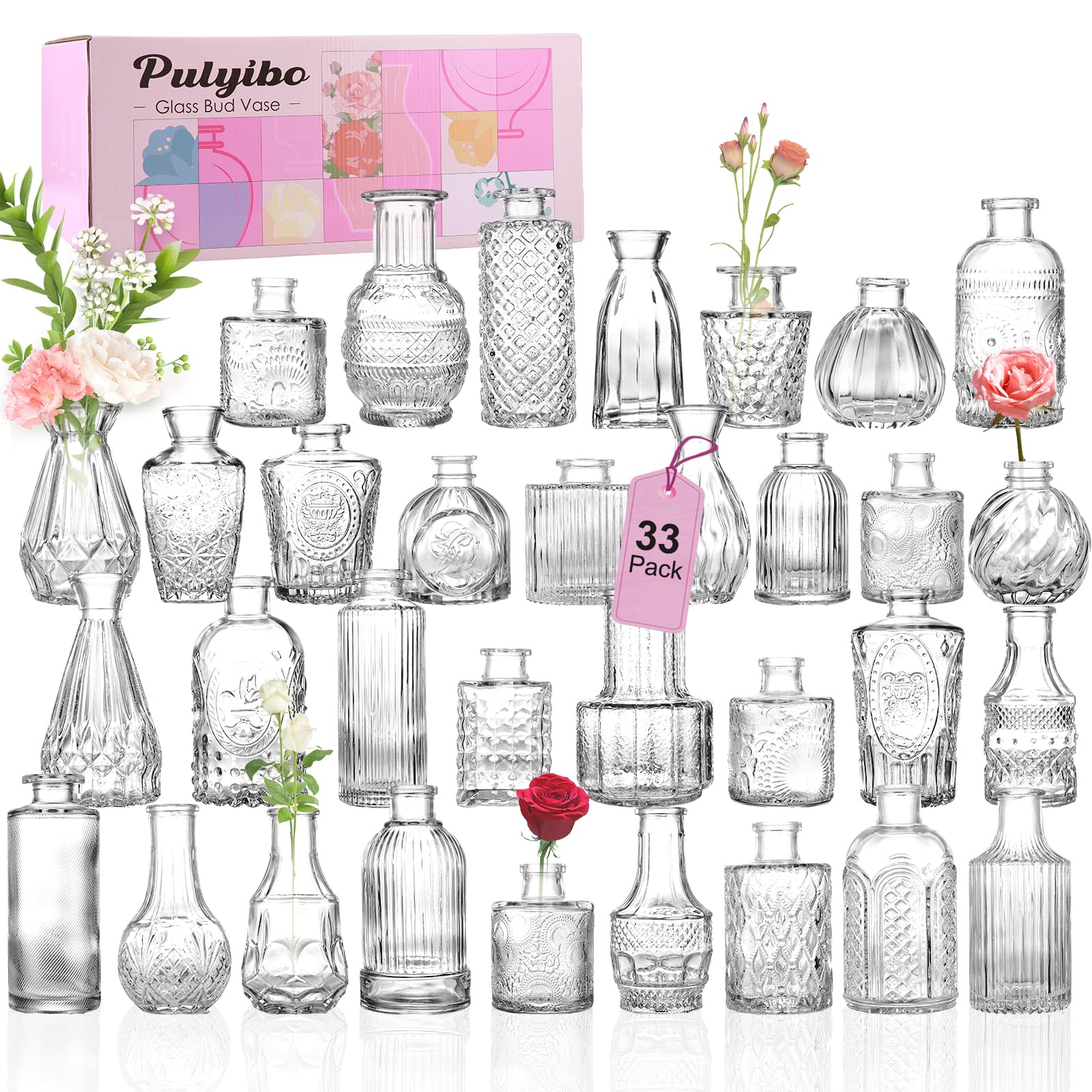 Glas Knospe Vase Satz von 33 Stück, Kleine Vasen für Rustikale Hochzeit Mittelstücke, Mini-Vasen Home Table Flower Decor, Klare Vasen