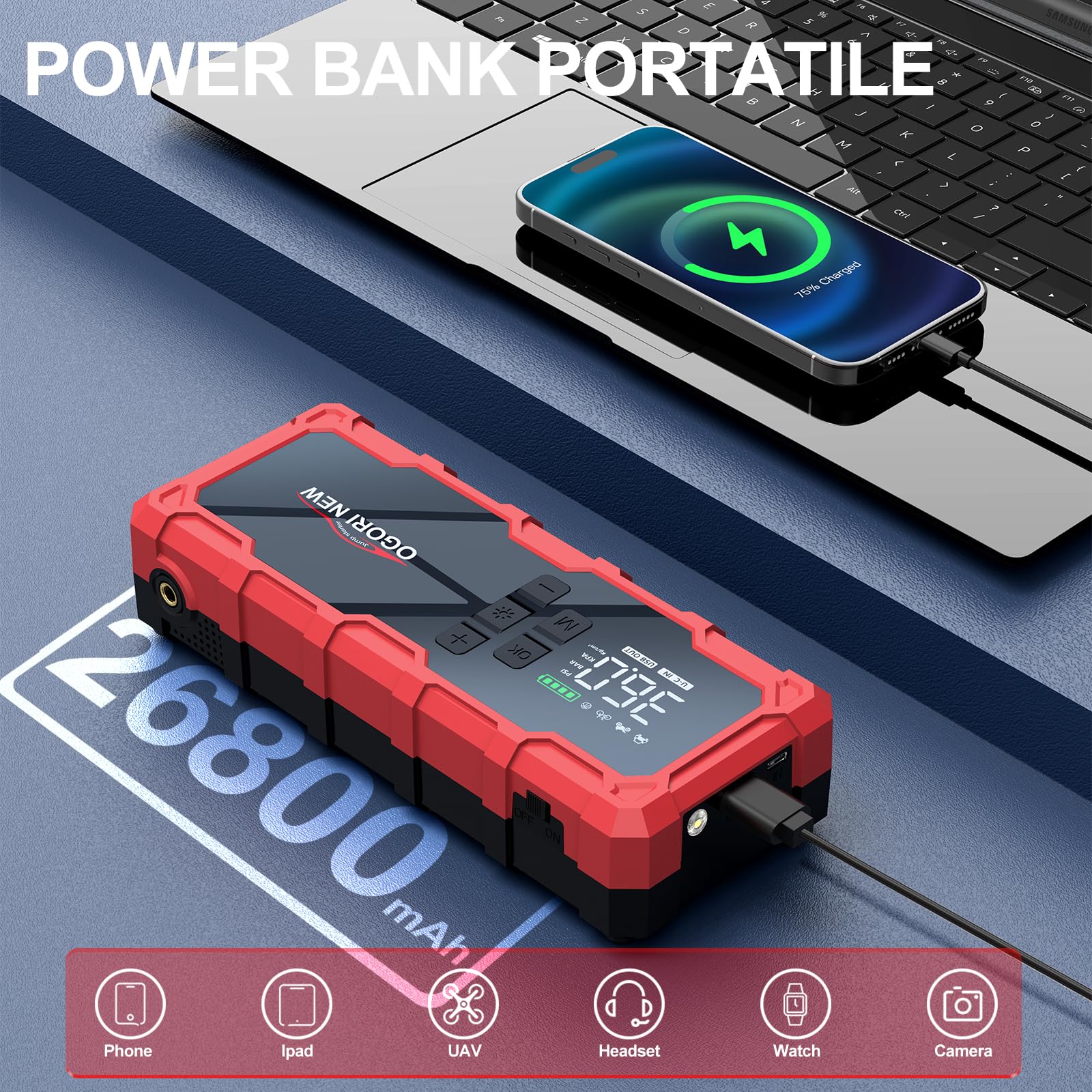 Avviatore Batteria con Compressore 150PSI,7000A Booster Avviamento Auto,Starter Batteria Auto con Torcia, Ricarica USB (8.0L Diesel/10.0L Benzina)