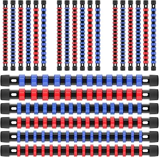 24 Pieces ABS Socket Organizer Holder Trays for Toolboxes, 1/4'' Drive, 3/8'' Drive, 1/2'' Drive, Portable Socket Clip Rail Holder, Blue and Red