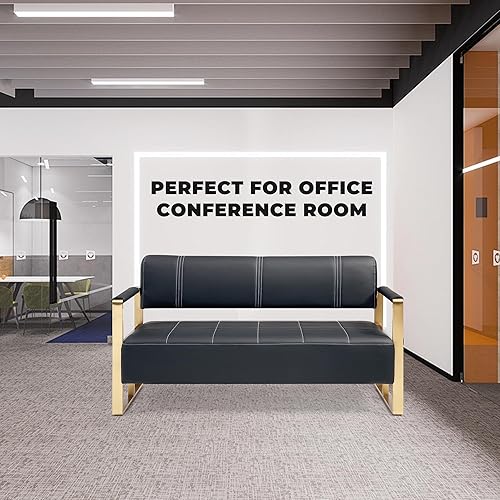 Miniatura 6 de Sofá biplaza moderno de cuero de 57.9 pulgadas, tapizado de piel sintética con brazos cuadrados de metal para sala de estar, oficina, apartamento