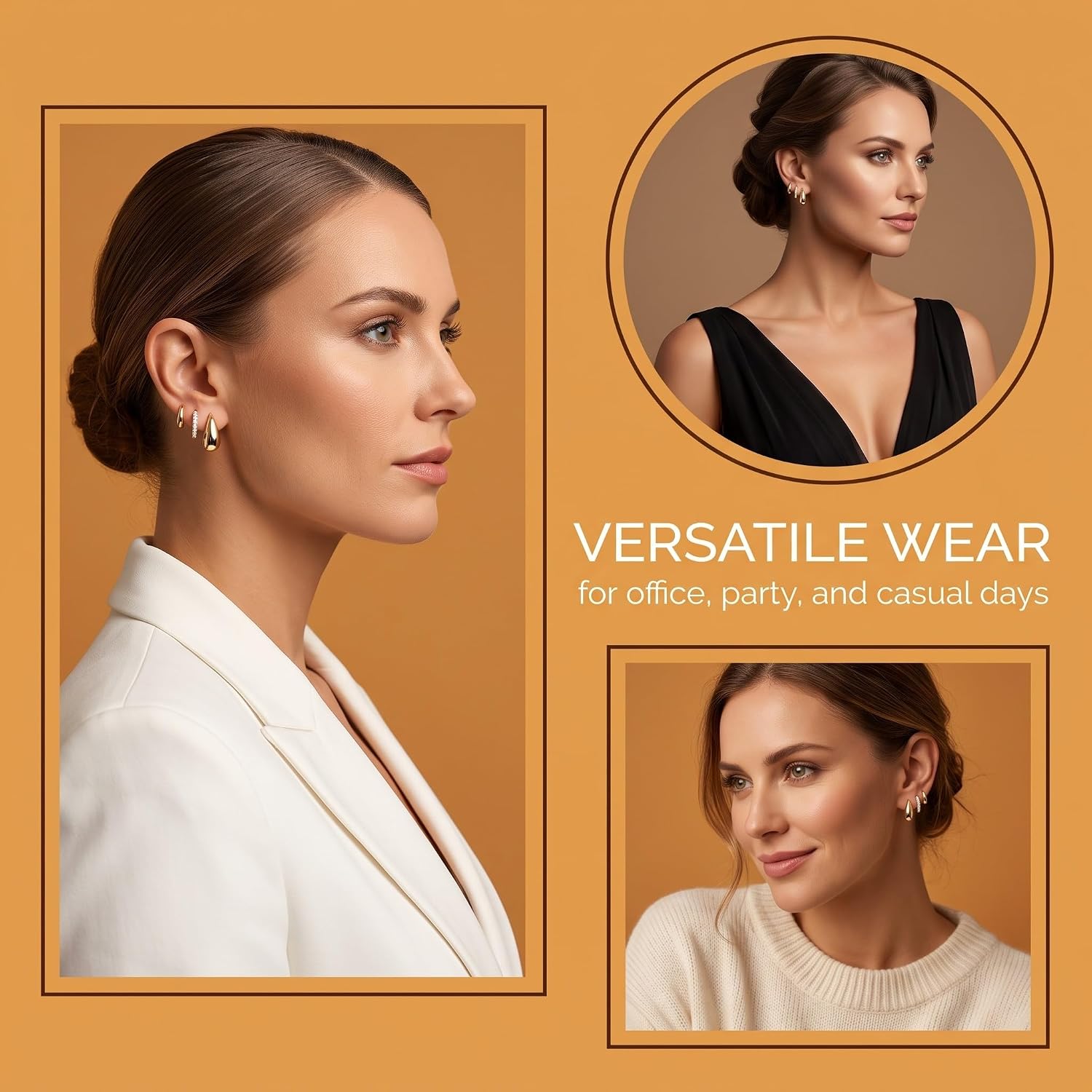 3 Pairs of Hoop Earrings Gold for Women - Hypoallergenic Earrings Gold Set Small & Elegant, Golden Earrings Women's Hoop Earrings for Girls, Fashion Jewellery Earrings Set Gold image 4