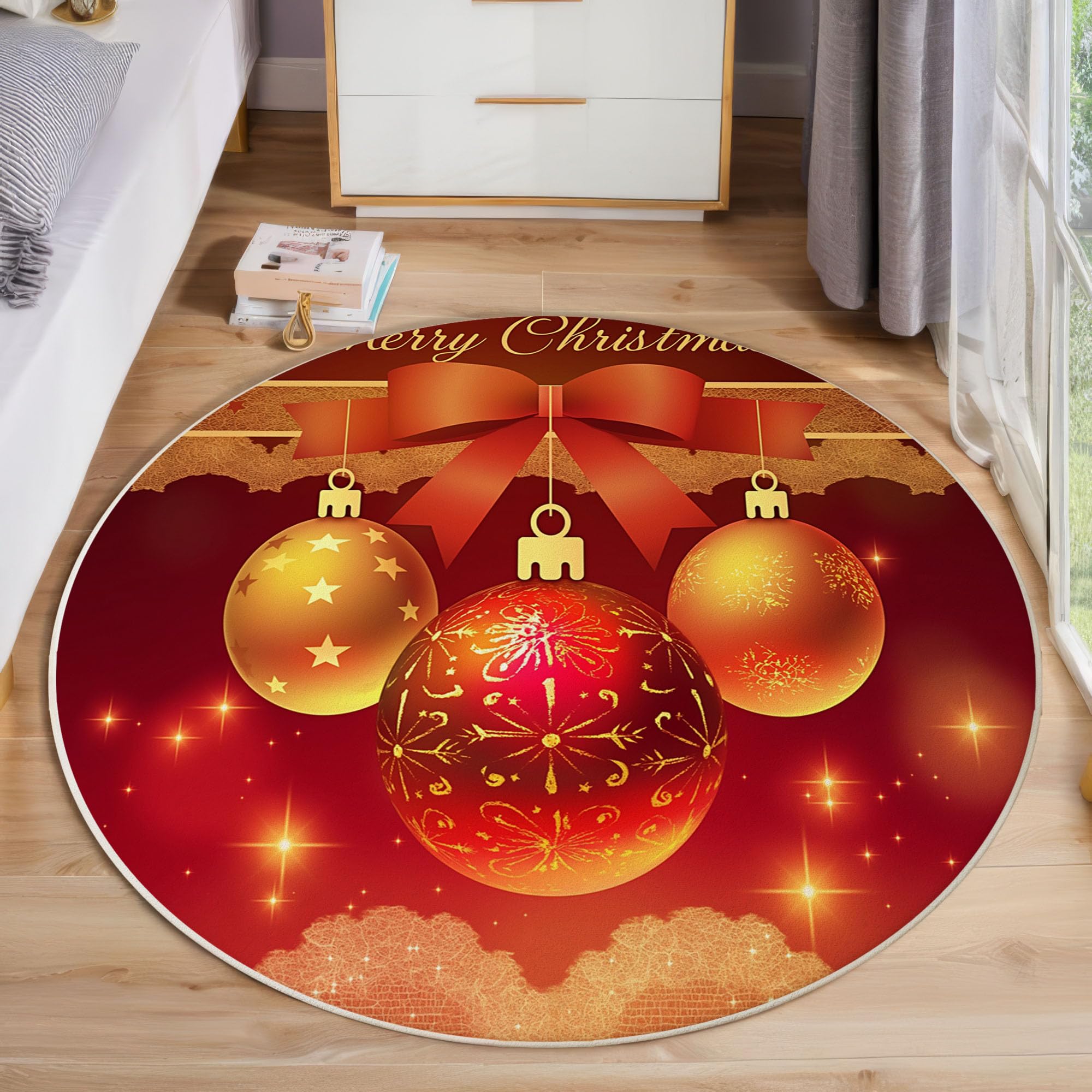 Tapis de Noël rond de 200 cm avec boules rouges pour salon et chambre