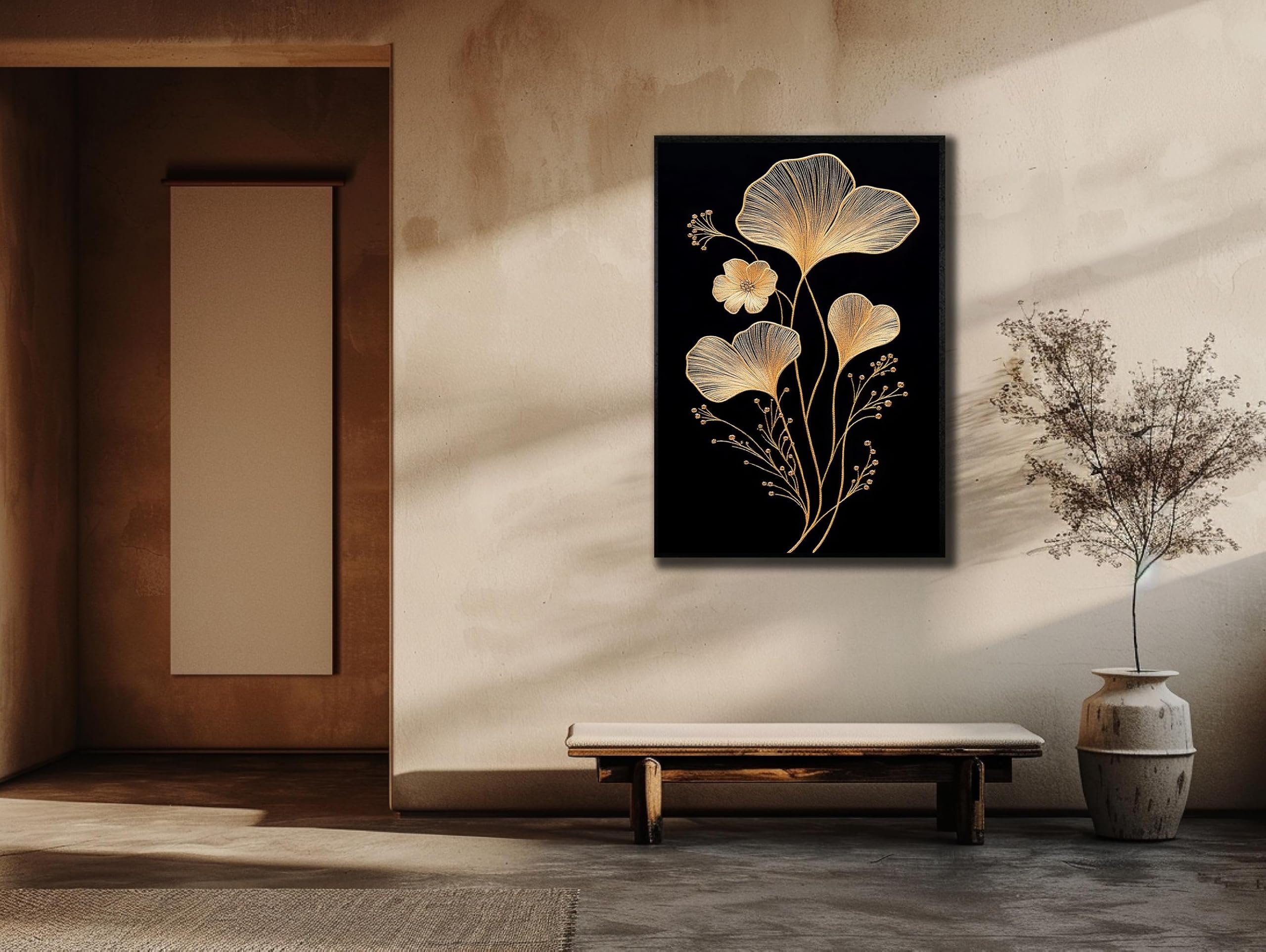 LMYCHENG Leinwandbild mit Blattgold: Moderne Wanddekoration für Zuhause, eleganter botanischer Kunstdruck auf Leinwand (50 x 70 cm/Innenrahmen)