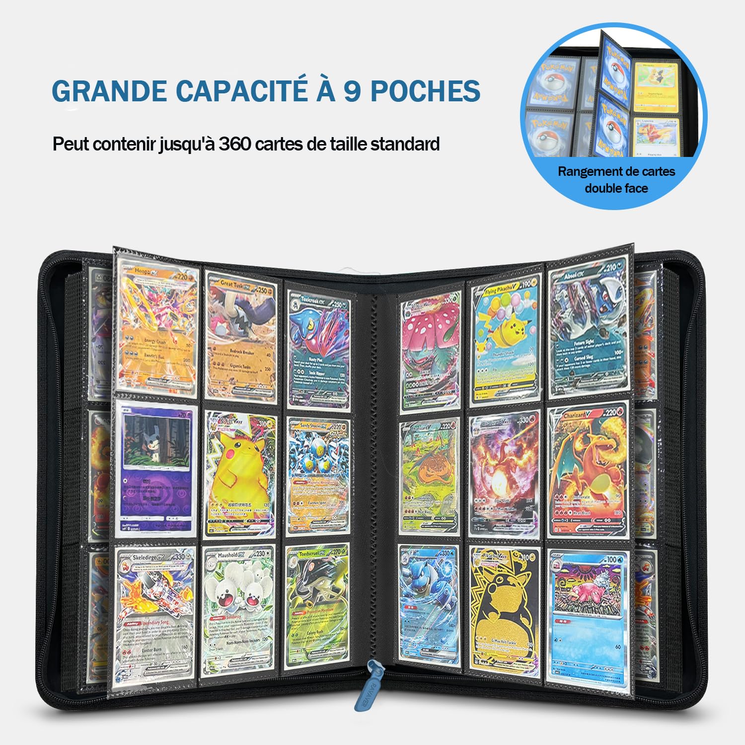 Douper Classeur de Cartes à Collectionner 9 Pochettes, Capacité 360 Cartes | Album de cartes pour jeux de cartes à collectionner avec pochettes à chargement latéral - bleu