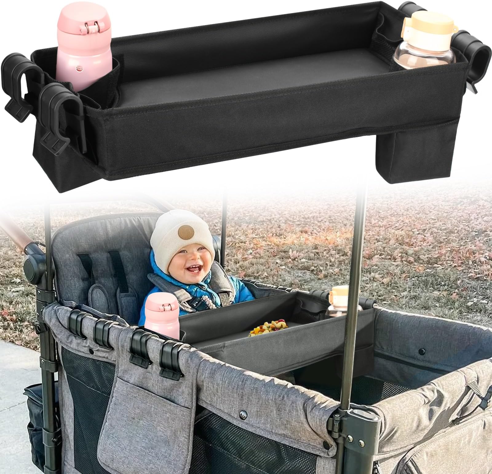 Tiga Upgraded Stroller Snack Tray for Wonderfold Wagon W4 Series - Kids Toy Placement - Faux Leather Sides - Easy to Clean - Deeper Cup Holder - Reinforced Sides (W4 Model)