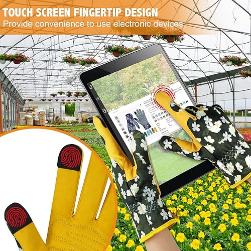 Miniatura 5 de Guantes de jardinería de cuero para mujer, guantes de jardín a prueba de espinas, guantes de trabajo para pantalla táctil, regalos