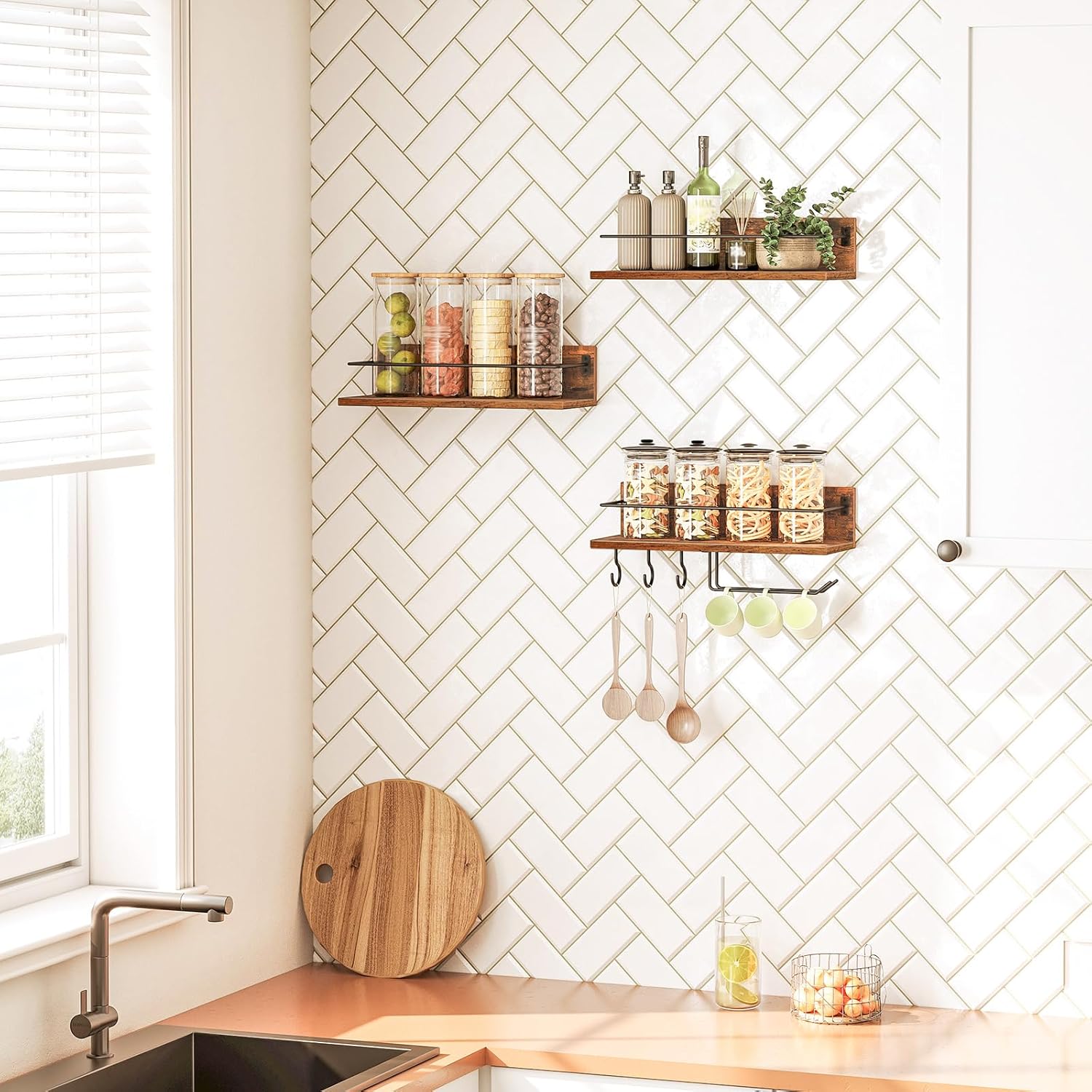 HOOBRO Wall Mounted Wine Rack 3 Pack, Wine Shelf Hanging Floating Wall Shelves, Wine Glass Bottle Rack Stemware Holder, for Living Room, Dining Room, Kitchen, Rustic Brown and Black BF33BJ01