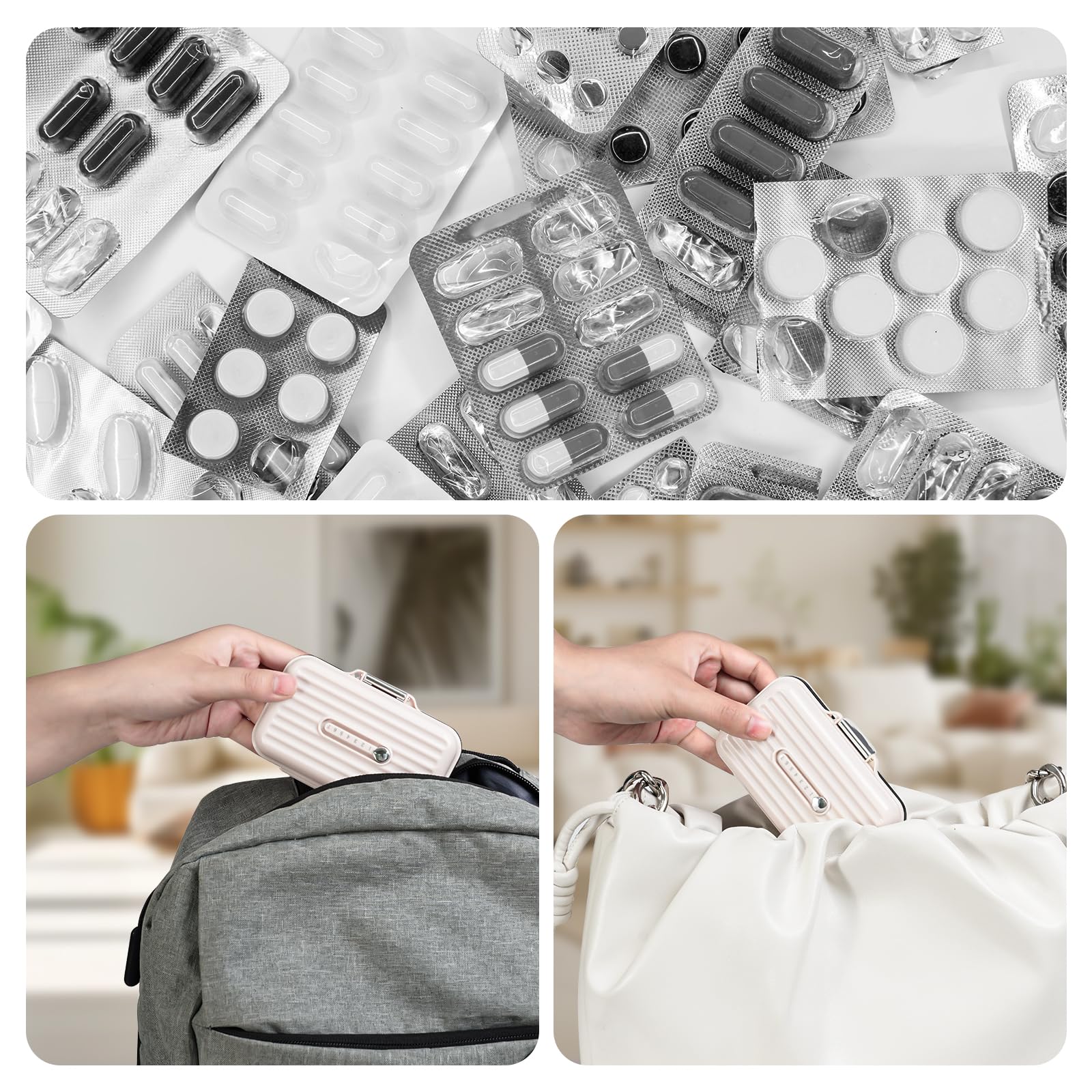 Lot de 2 piluliers de voyage avec étiquettes de médicaments, 7 compartiments, pilulier portable pour pharmacie de poche (blanc nacré, taille S + L)