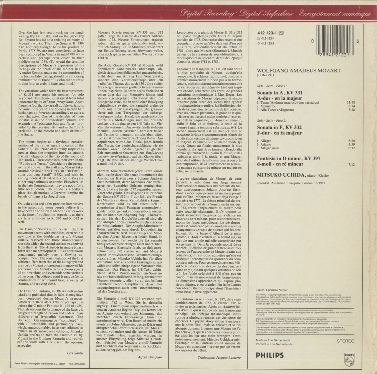 蘭Philips　モーツァルト ソナタ K.11　デ・クライン　ヘクシュ Mozart, 莫扎特, Mitsuko Uchida - Mozart:Piano sonata No.11 K