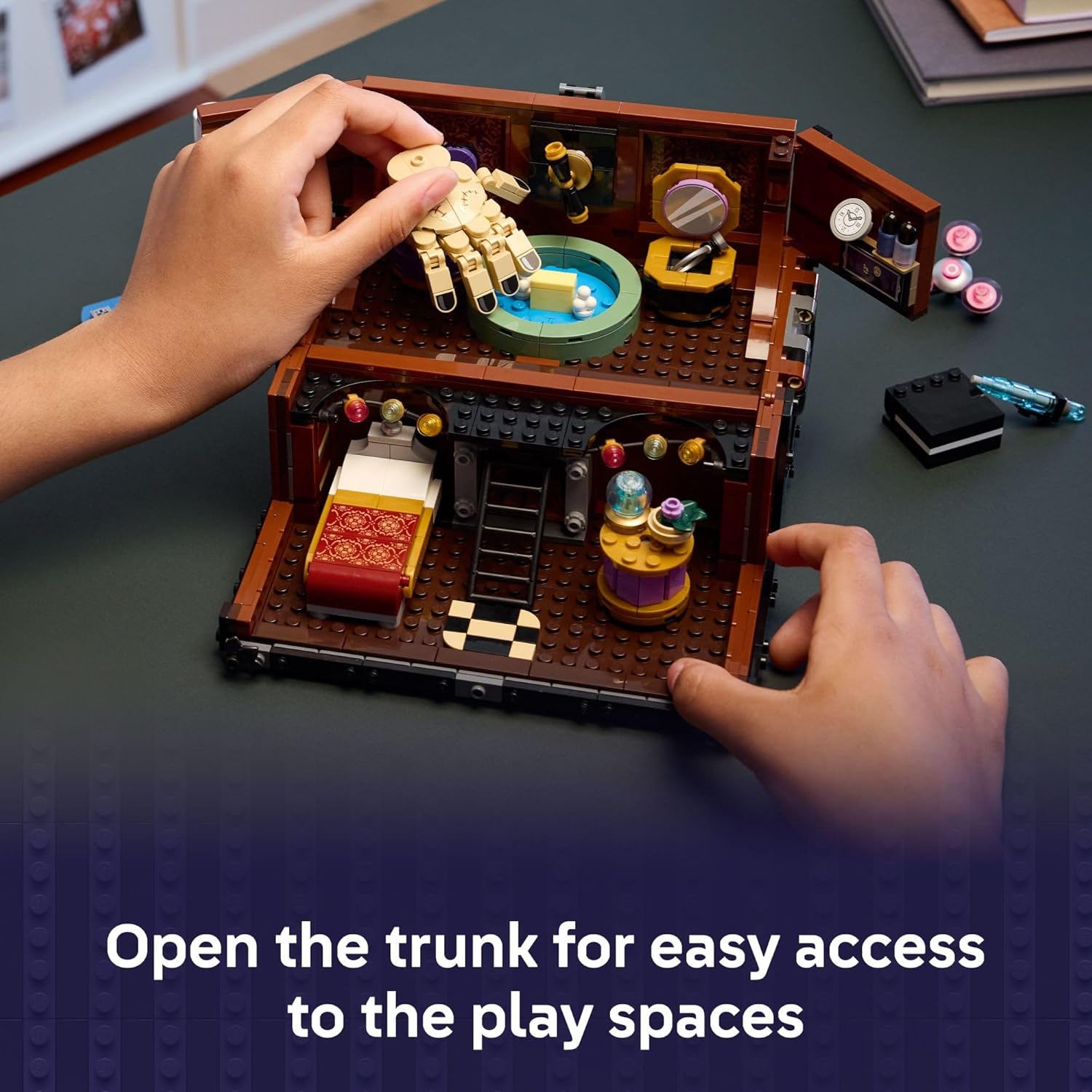 Open LEGO Wednesday Thing's Apartment trunk revealing interior details