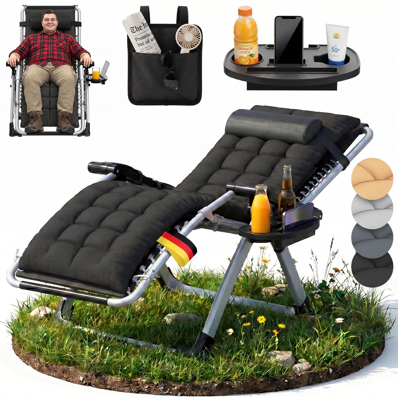 Chaise Longue de Jardin Pliante – Assise Rembourrée en Coton, Coussin de Nuque Inclus, Dossier Réglable, Porte-gobelet et Poche Latérale – Chaise Longue Jardin Extérieur (Noir)