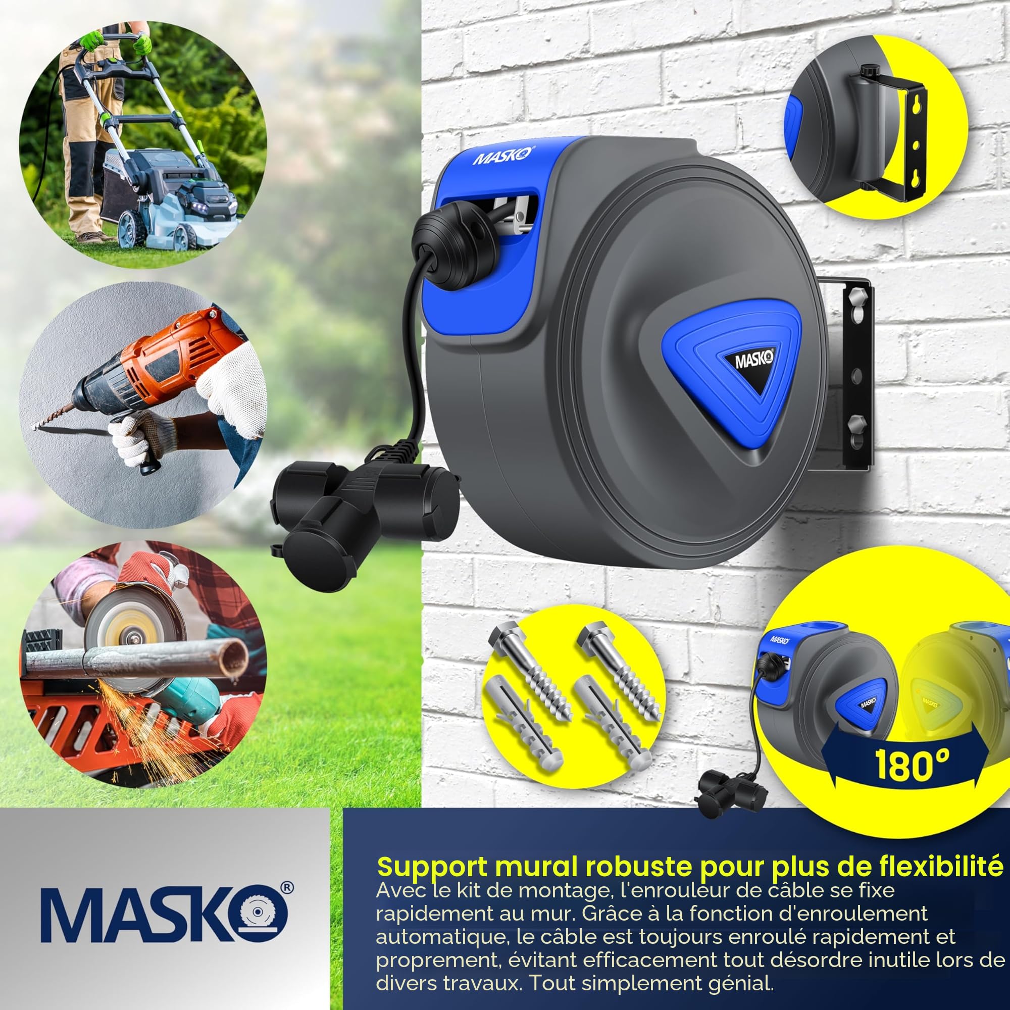MASKO® Enrouleur de câble/tuyau automatique, 20 m, pour atelier, avec connecteur à 3 positions, rotatif à 180°, câble de 1,5 m, support mural, gants