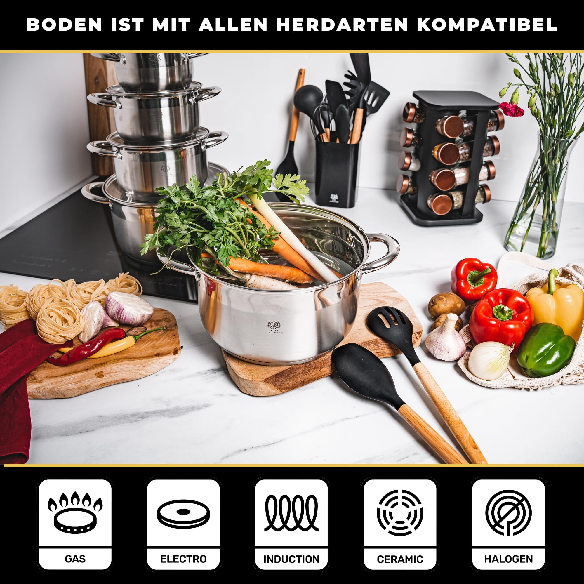 KARL HAUSMANN Edelstahl Topf - 2L - Ø 18 cm - Kochtopf Induktion für alle Herdarten Geeignet - Edelstahltopf mit Deckel - Suppentopf - Spaghettitopf - Stainless Steel Pot - Töpfe - Kochtöpfe