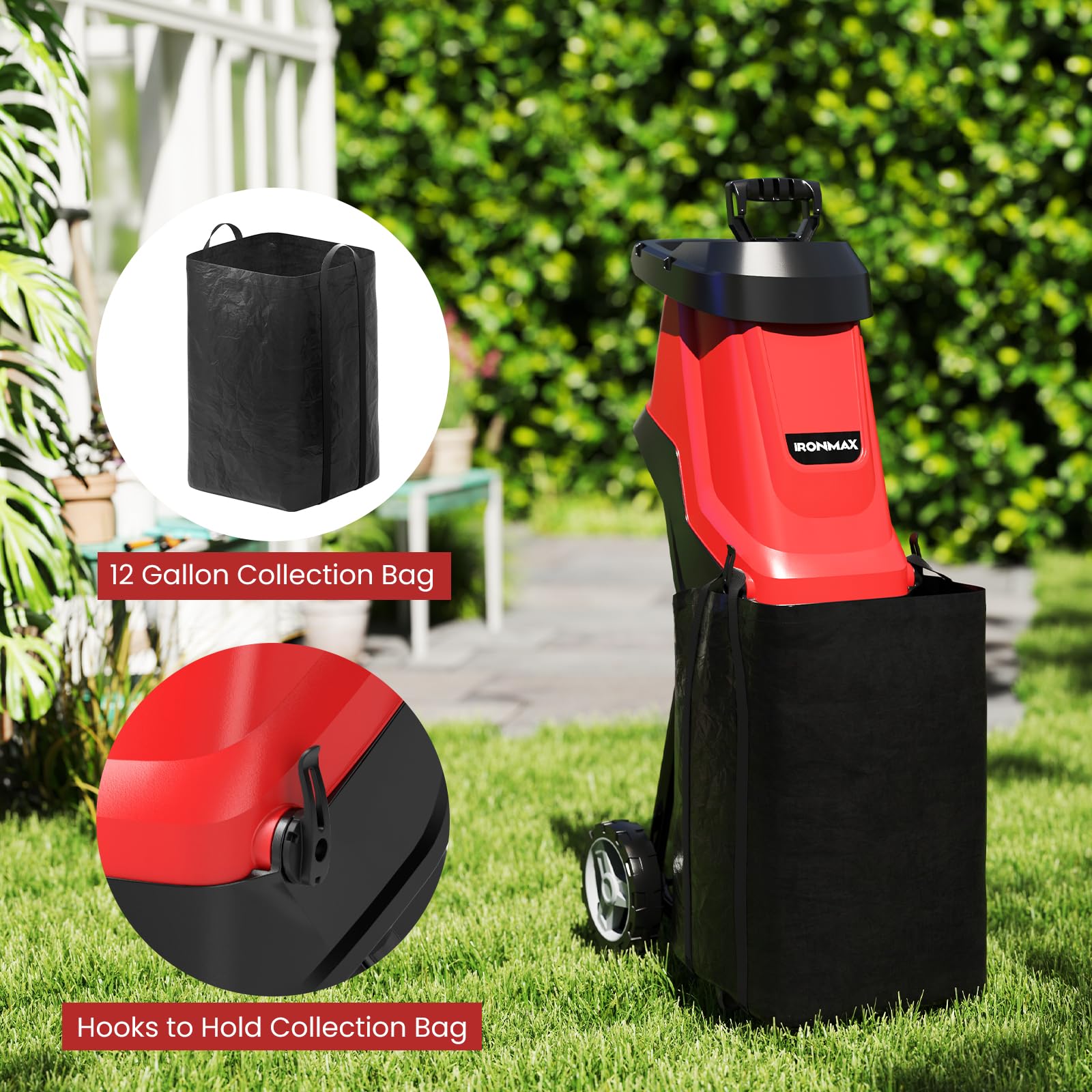 Trituradora eléctrica de madera de 15 amperios, trituradora de madera con cable con émbolo, bolsa de colección y reducción 15:1, trituradora de jardín con ruedas para ramas, hojas