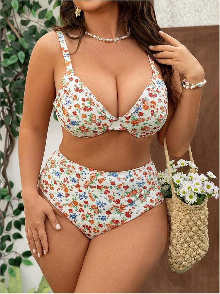 SOLY HUX Plus Size Floral Bikini Set - One Shoulder High Waisted Two Piece Swimsuit