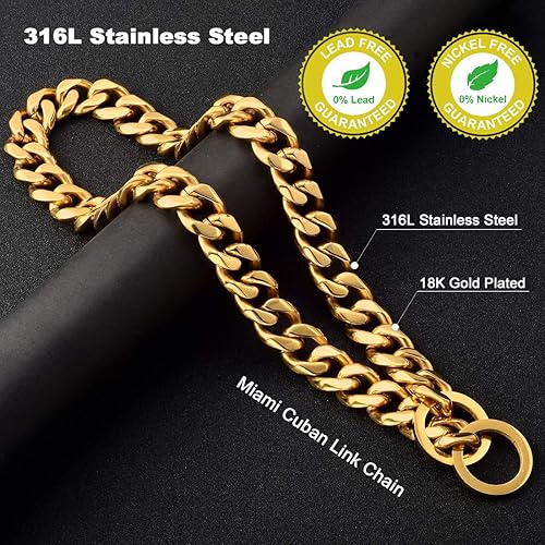 Miniatura 3 de Collar de cadena para perro, collar de acero inoxidable chapado en oro de 14 quilates, resistente, a prueba de mordidas, 0.748 in, 22 pulgadas