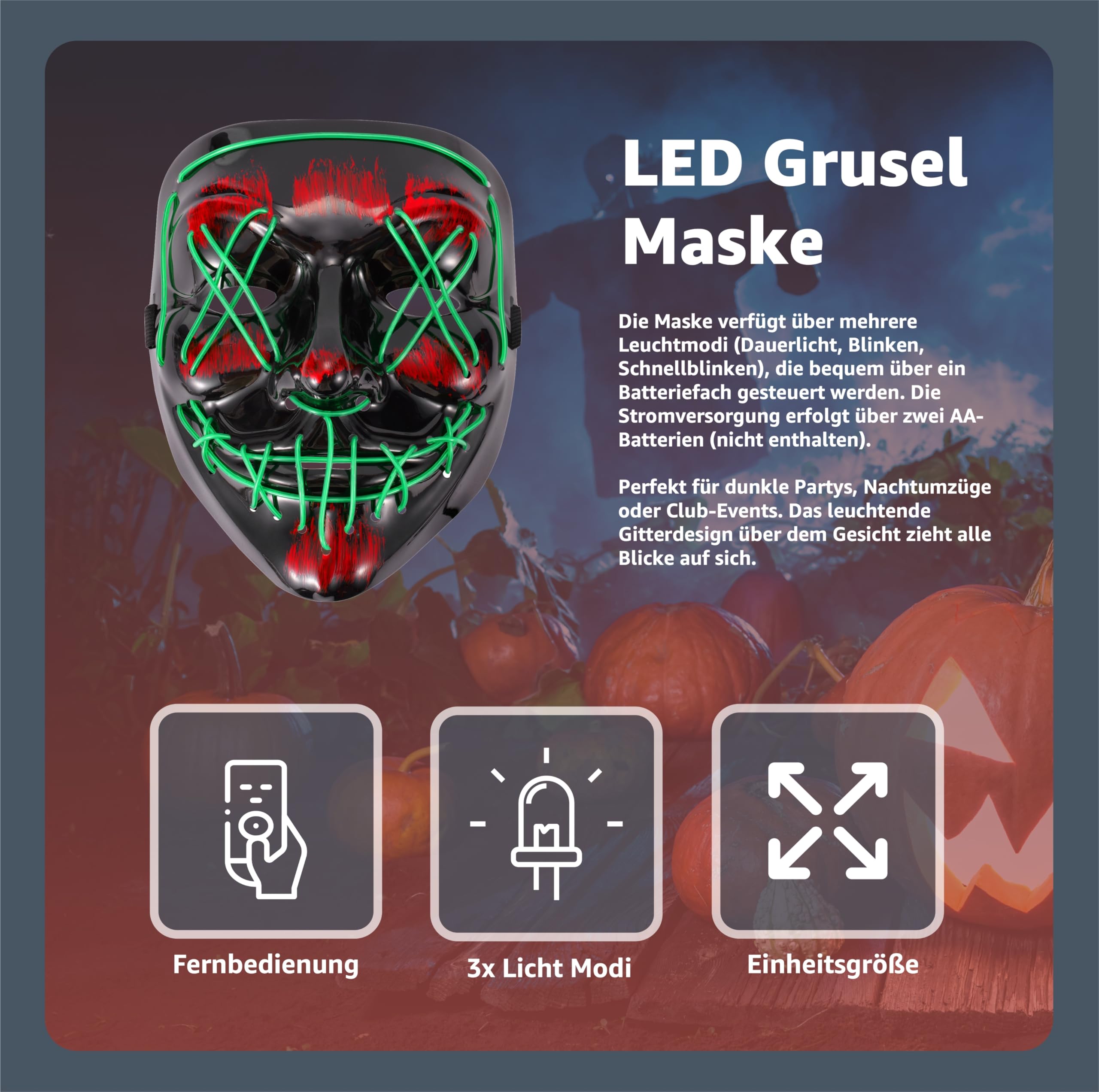 TK Gruppe Timo Klingler LED Purge Horror Mask with 3 Light Effects Controllable Halloween Costume for Men Women (Green LED) - Image 2