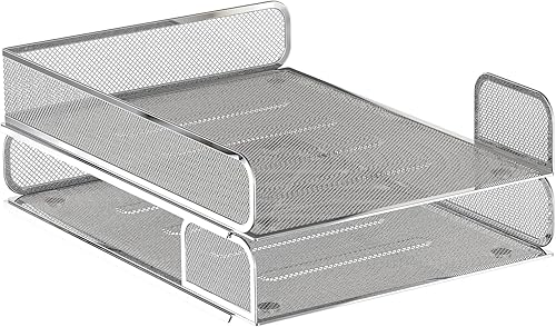 Bandeja abierta lateral de malla de acero para organizador de escritorio, 1 o 2 direcciones, apilable, magnética (plateado)
