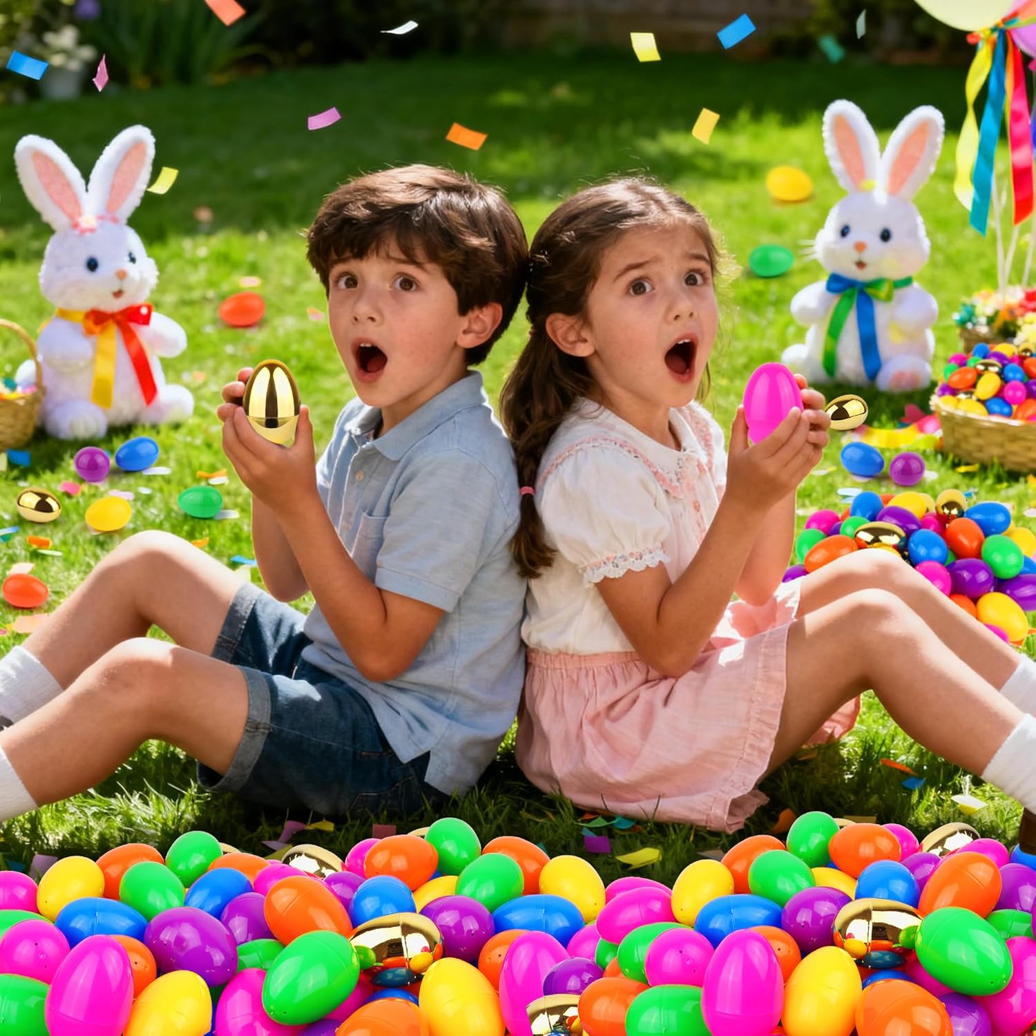 300 Pack Colorful Fillable Easter Eggs with 6 Surprise Golden Eggs, 2.4 Inch Plastic Easter Egg Empty for Easter Hunt Party Favors Easter Basket Stuffers Fillers Classroom Prizes for Kids Boys Girls