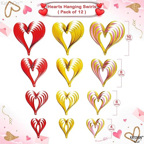 Vista 2 de KatchOn, Decoraciones colgantes 3D de San Valentín, 10 pulgadas, paquete de 12 remolinos colgantes para el día de San Valentín, decoraciones