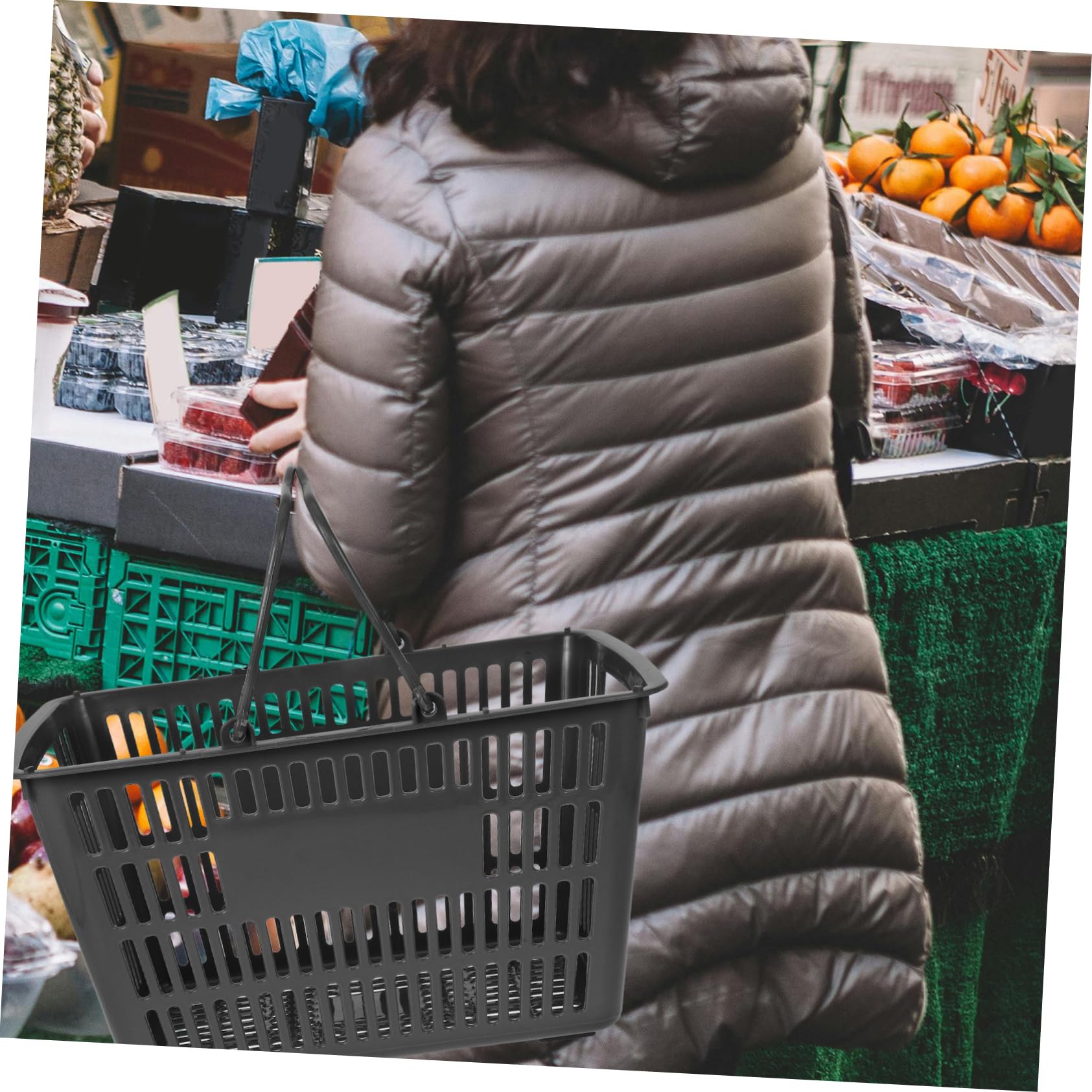 ULTECHNOVO Cesta De Plástico Portátil Para Supermercado Cesta De Compras Doble Asa Para Llevar Verduras y Condimentos Gris