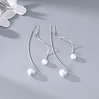 Vista 6 de SLUYNZ Sterling Silver Pearls Dangle Earrings Curve Chain for Women Girls Pearls Threader Wedding Earrings for Brides
